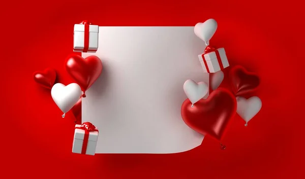 Fondo San Valentín Con Globos Corazón Regalos Folleto Pancartas Renderizado —  Fotos de Stock