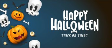 Mutlu Cadılar Bayramı yatay afişleri. Mavi arka planda korkunç balkabakları olan bir tanıtım afişi. Vektör illüstrasyonu