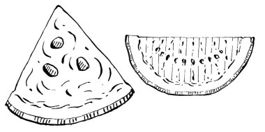 Karpuz çizimi vektör çizimi. İzole edilmiş el resmi beyaz arka planda. Yaz meyvesi oymalı tasvir. Yiyecek ambalajı için dekorasyon.
