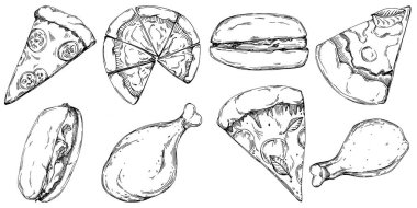 Fast food vektörü izole edildi. İşlenmiş stil çizimi. Ayrıntılı ürün çizimi. Tasarım logosu, menü, etiket, simge, pul için en iyisi.