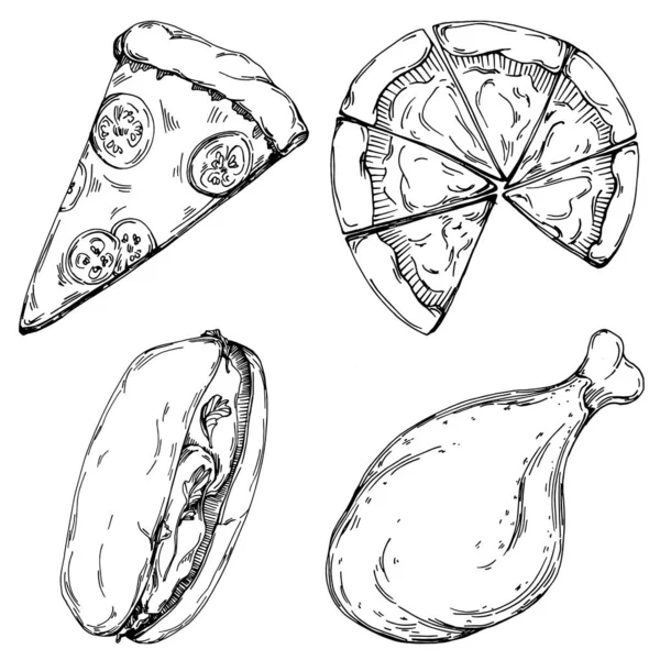 Fast food vektörü izole edildi. İşlenmiş stil çizimi. Ayrıntılı ürün çizimi. Tasarım logosu, menü, etiket, simge, pul için en iyisi.