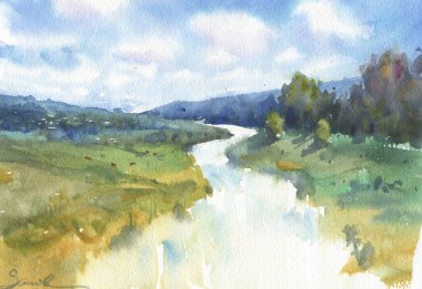 Landscape background. Trendy minimalist watercolor art illustrations. Original nature painting with acrylic paints. 