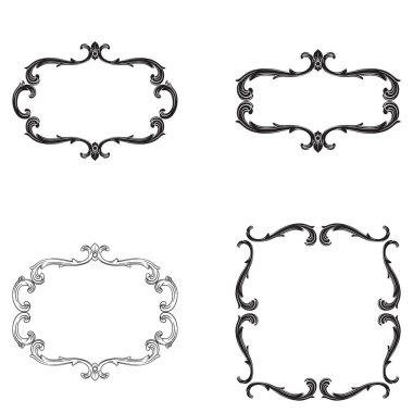 Border and Frame with baroque style. Ornament elements for your design. Black and white color. Floral engraving decoration for postcards or invitations for social media.