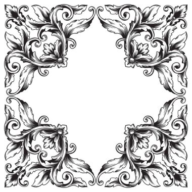Border and Frame with baroque style. Ornament elements for your design. Black and white color. Floral engraving decoration for postcards or invitations for social media.