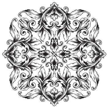Border and Frame with baroque style. Ornament elements for your design. Black and white color. Floral engraving decoration for postcards or invitations for social media.