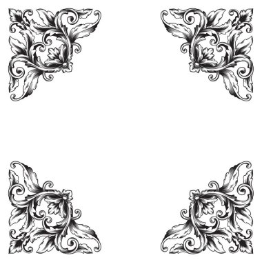 Border and Frame with baroque style. Ornament elements for your design. Black and white color. Floral engraving decoration for postcards or invitations for social media.