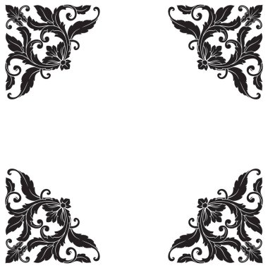 Border and Frame with baroque style. Ornament elements for your design. Black and white color. Floral engraving decoration for postcards or invitations for social media.