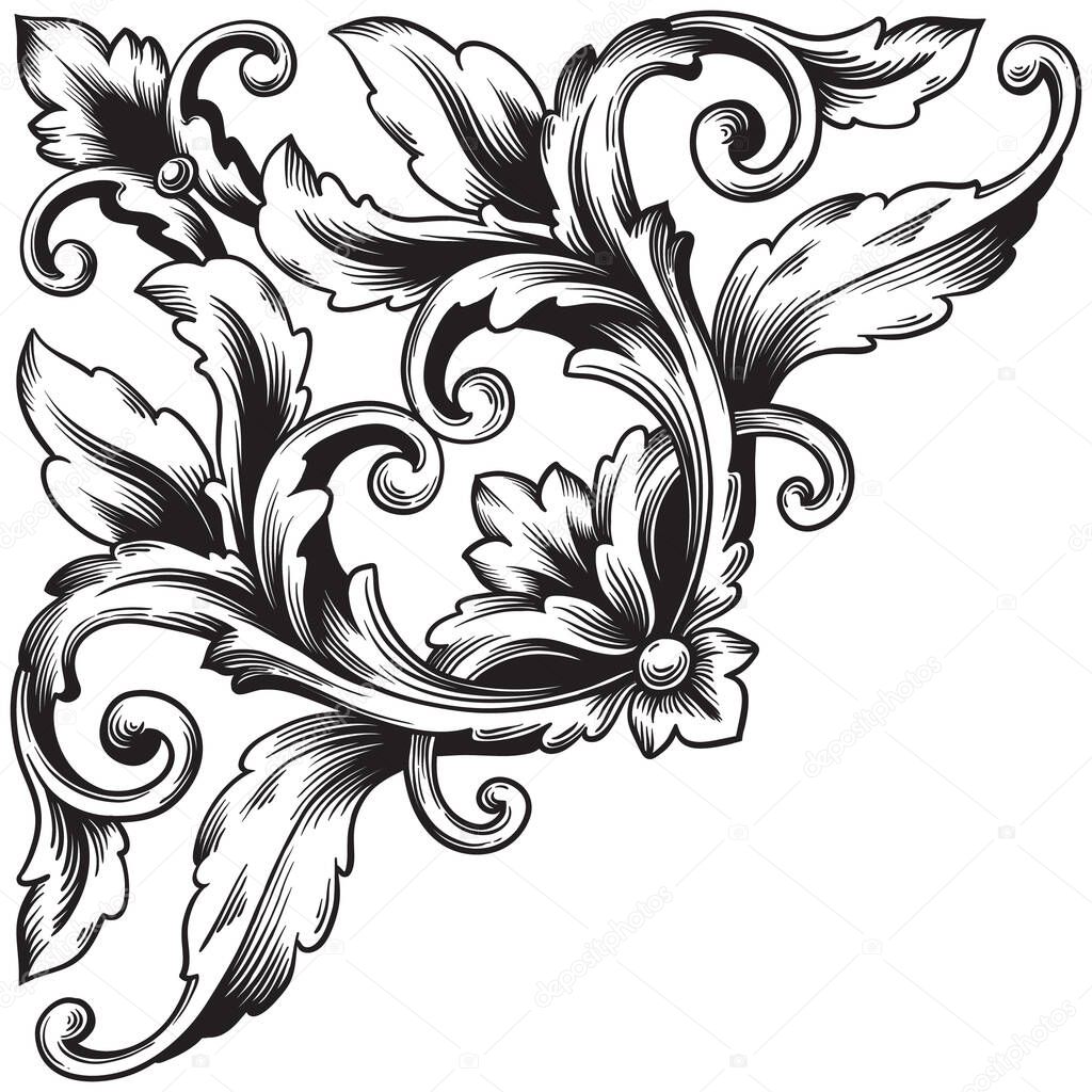 Border and Frame with baroque style. Ornament elements for your design. Black and white color. Floral engraving decoration for postcards or invitations for social media.