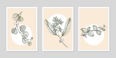 Moda renklerinde çağdaş sanat çiçekli posterler. Soyut el çiçekleri, geometrik elementleri ve vuruşları, yaprakları ve çiçekleri çizer. 