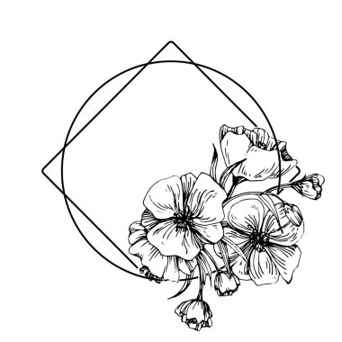 El çizimi Sakura çiçek logosu, çerçeve, sınır, promosyon unsuru. Damga şablonu. Minimalist monogram. Rustik zarif marka veya logottip arkaplan.