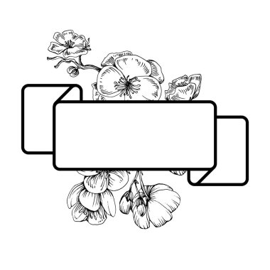 El çizimi Sakura çiçek logosu, çerçeve, sınır, promosyon unsuru. Damga şablonu. Minimalist monogram. Rustik zarif marka veya logottip arkaplan.