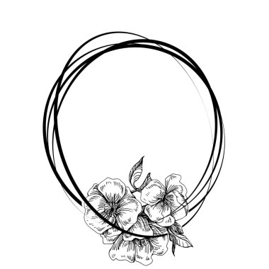 El çizimi Sakura çiçek logosu, çerçeve, sınır, promosyon unsuru. Damga şablonu. Minimalist monogram. Rustik zarif marka veya logottip arkaplan.