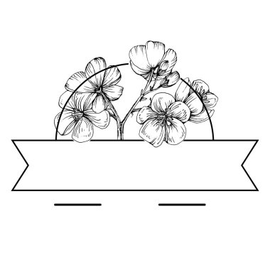 El çizimi Sakura çiçek logosu, çerçeve, sınır, promosyon unsuru. Damga şablonu. Minimalist monogram. Rustik zarif marka veya logottip arkaplan.