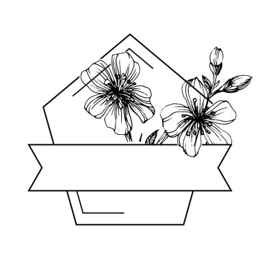 El çizimi Sakura çiçek logosu, çerçeve, sınır, promosyon unsuru. Damga şablonu. Minimalist monogram. Rustik zarif marka veya logottip arkaplan.