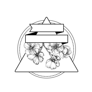 El çizimi Sakura çiçek logosu, çerçeve, sınır, promosyon unsuru. Damga şablonu. Minimalist monogram. Rustik zarif marka veya logottip arkaplan.