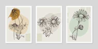 Moda renklerinde çağdaş sanat çiçekli posterler. Soyut el çiçekleri, geometrik elementleri ve vuruşları, yaprakları ve çiçekleri çizer. 