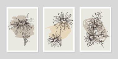 Moda renklerinde çağdaş sanat çiçekli posterler. Soyut el çiçekleri, geometrik elementleri ve vuruşları, yaprakları ve çiçekleri çizer. 