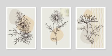 Moda renklerinde çağdaş sanat çiçekli posterler. Soyut el çiçekleri, geometrik elementleri ve vuruşları, yaprakları ve çiçekleri çizer. 