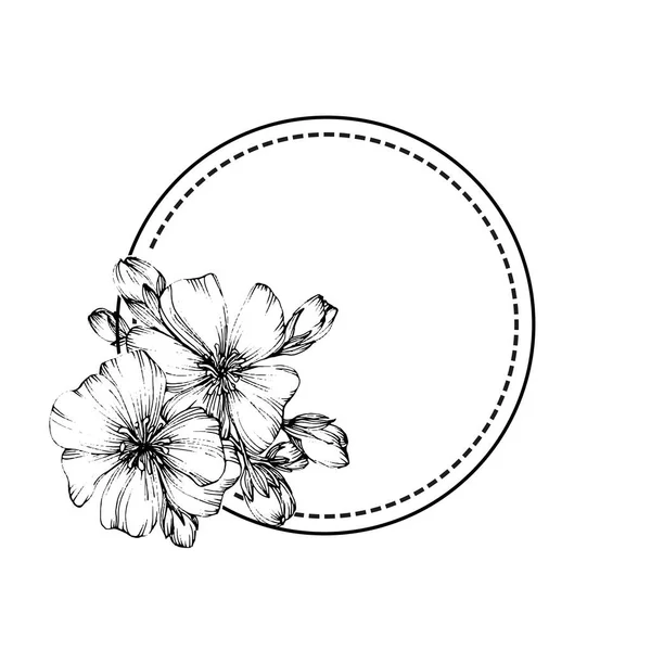 El çizimi Sakura çiçek logosu, çerçeve, sınır, promosyon unsuru. Damga şablonu. Minimalist monogram. Rustik zarif marka veya logottip arkaplan.