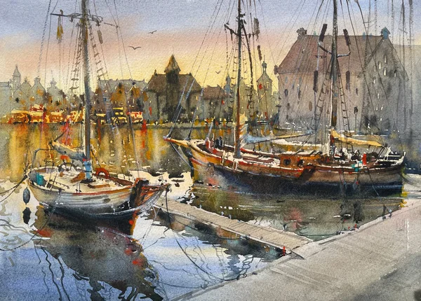 Doğadan gelen deniz tablosu. Renkli suluboya el boyası resim, duvar kağıdı, yelkenli arka plan. Duvardaki ya da tuvaldeki baskı kavramı, poster