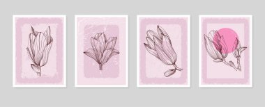 Manolya Botanik Duvarı, tropikal resimler. Eski moda ve soyut şekilli yaprak çizimi. Grunge Bitki Sanat Tasarımı baskı, kapak, duvar kağıdı, Asgari ve doğal duvar sanatı.