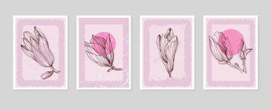 Manolya Botanik Duvarı, tropikal resimler. Eski moda ve soyut şekilli yaprak çizimi. Grunge Bitki Sanat Tasarımı baskı, kapak, duvar kağıdı, Asgari ve doğal duvar sanatı.