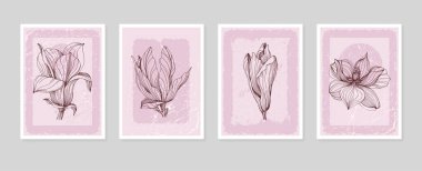 Manolya Botanik Duvarı, tropikal resimler. Eski moda ve soyut şekilli yaprak çizimi. Grunge Bitki Sanat Tasarımı baskı, kapak, duvar kağıdı, Asgari ve doğal duvar sanatı.