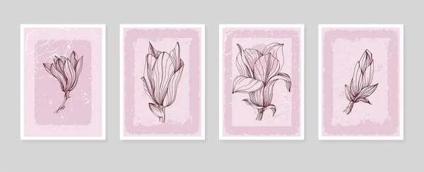 Magnolia Botanical Wall Art Tropische Illustration Laubstrichkunst Zeichnung Mit Retro — Stockvektor