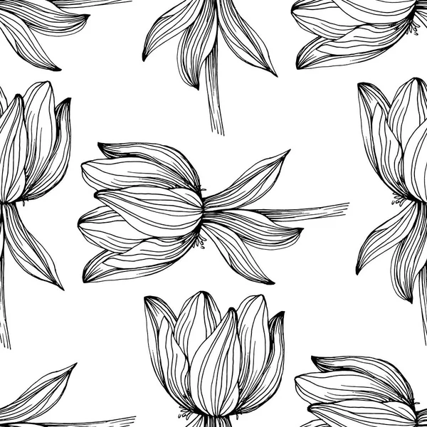 Vzor Květin Divokých Květů Jednořádkovém Stylu Obrys Rostliny Černobílá Rytá — Stockový vektor