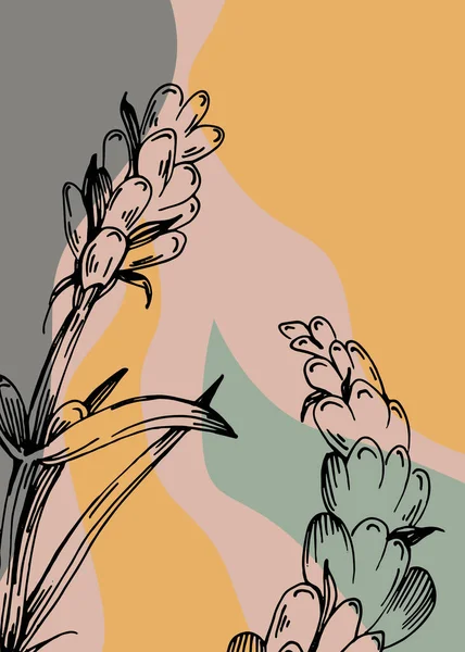 抽象的なラベンダーハンドペイントのセット壁の装飾のためのイラスト スケッチスタイルでミニマリストの花 郵便はがき ソーシャルメディアバナー パンフレットカバーデザインの背景 近代抽象絵画 — ストックベクタ
