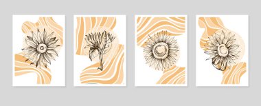 Soyut Ayçiçeği El Boyalı Duvar Dekorasyonu için Çizim Stili Minimalist çiçek seti. Kartpostal, Sosyal Medya Sancağı, Broşür Kapağı Tasarım Arkaplanı. Modern Soyut Resim Sanatı.