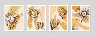 Soyut Ayçiçeği El Boyalı Duvar Dekorasyonu için Çizim Stili Minimalist çiçek seti. Kartpostal, Sosyal Medya Sancağı, Broşür Kapağı Tasarım Arkaplanı. Modern Soyut Resim Sanatı.