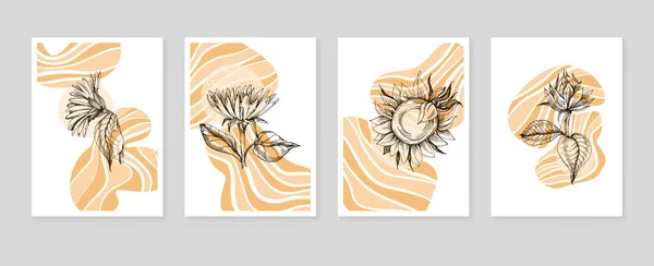 一套抽象的向日葵手绘墙面装饰图解 素描风格的简约花色 明信片 社交媒体横幅 小册子封面设计背景 现代抽象绘画艺术品 — 图库矢量图片