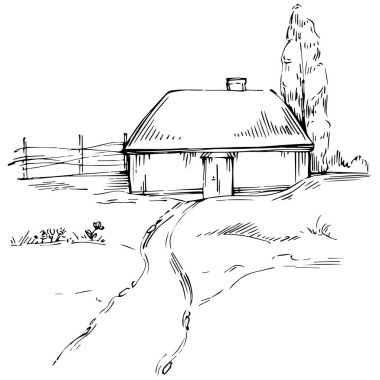 Kırsal alanda klasik oyma tarzının el çizimi vektör çizimi