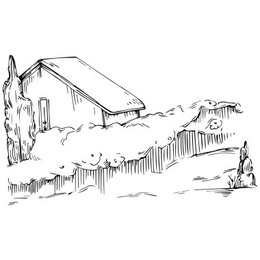 Köy evi ile klasik oyma tarzının el çizimi vektör çizimi