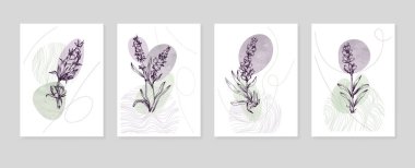 Duvar Dekorasyonu, Kartpostal, Sosyal Medya Afişi, Broşür Kapak Tasarımı için Lavanta El Boyalı Resimler. Modern Soyut Boyama Sanatı. Vektör Deseni