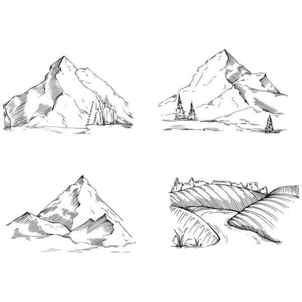 Hand Drawn Vector Illustration Vintage Etching Style Rural Landscapes Mountains — Vector de stock