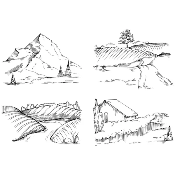 Hand Drawn Vector Illustration Vintage Etching Style Rural Landscapes Mountains — Stockvektor