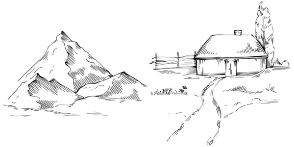 Векторная Иллюстрация Винтажного Стиля Гравюры Сельскими Пейзажами Горами — стоковый вектор
