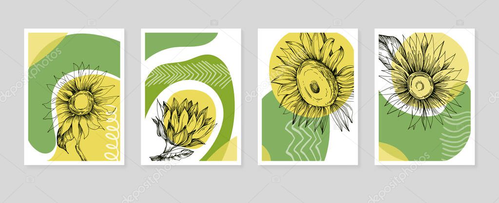 Set of Abstract Sunflower Hand Painted Illustrations for Wall Decoration, minimalist flower in sketch style. Postcard, Social Media Banner, Brochure Cover Design Background. Modern Abstract Painting Artwork.