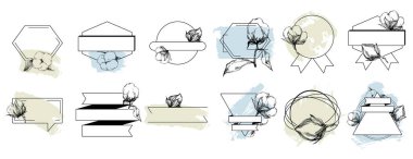 El yapımı pamuklu çiçek logosu, çerçeve, sınır, tanıtım elementi. Damga şablonu. Minimalist monogram. Rustik zarif marka veya logottip arkaplan.