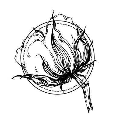 El yapımı pamuklu çiçek logosu, çerçeve, sınır, tanıtım elementi. Damga şablonu. Minimalist monogram. Rustik zarif marka veya logottip arkaplan.