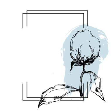 El yapımı pamuklu çiçek logosu, çerçeve, sınır, tanıtım elementi. Damga şablonu. Minimalist monogram. Rustik zarif marka veya logottip arkaplan.