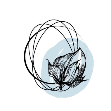 El yapımı pamuklu çiçek logosu, çerçeve, sınır, tanıtım elementi. Damga şablonu. Minimalist monogram. Rustik zarif marka veya logottip arkaplan.