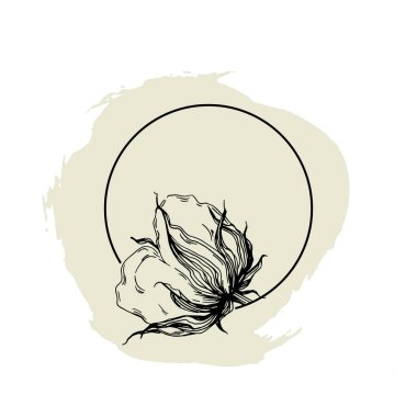 El yapımı pamuklu çiçek logosu, çerçeve, sınır, tanıtım elementi. Damga şablonu. Minimalist monogram. Rustik zarif marka veya logottip arkaplan.