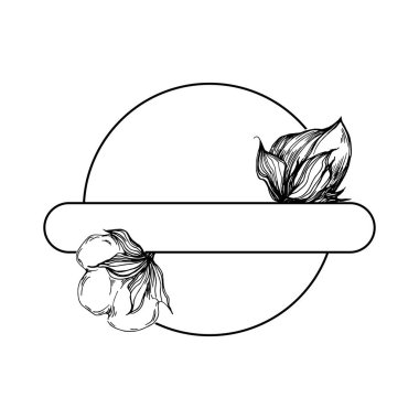 El yapımı pamuklu çiçek logosu, çerçeve, sınır, tanıtım elementi. Damga şablonu. Minimalist monogram. Rustik zarif marka veya logottip arkaplan.