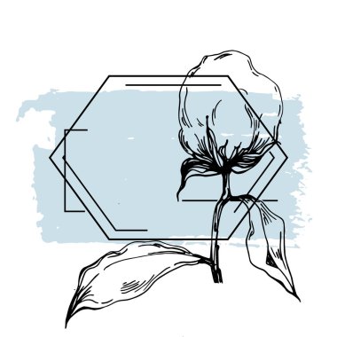 El yapımı pamuklu çiçek logosu, çerçeve, sınır, tanıtım elementi. Damga şablonu. Minimalist monogram. Rustik zarif marka veya logottip arkaplan.