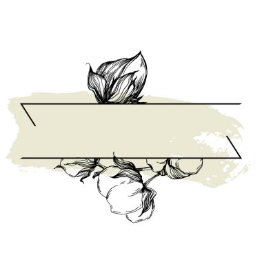 El yapımı pamuklu çiçek logosu, çerçeve, sınır, tanıtım elementi. Damga şablonu. Minimalist monogram. Rustik zarif marka veya logottip arkaplan.