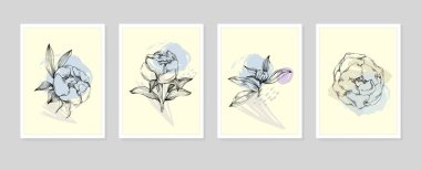 Şakayık botanik duvar sanatı. Şakayıklar soyut şekilli çizim çizerler. Baskı, kapak, duvar kağıdı, asgari ve doğal duvar sanatı için soyut bitki sanatı tasarımı.