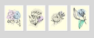 Şakayık botanik duvar sanatı. Şakayıklar soyut şekilli çizim çizerler. Baskı, kapak, duvar kağıdı, asgari ve doğal duvar sanatı için soyut bitki sanatı tasarımı.